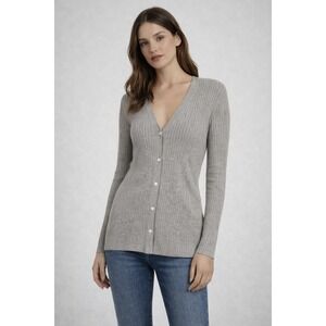 Meadow Rue Anthropologie Gray Ribbed V-Neck Button Front Cardigan Sweater Small